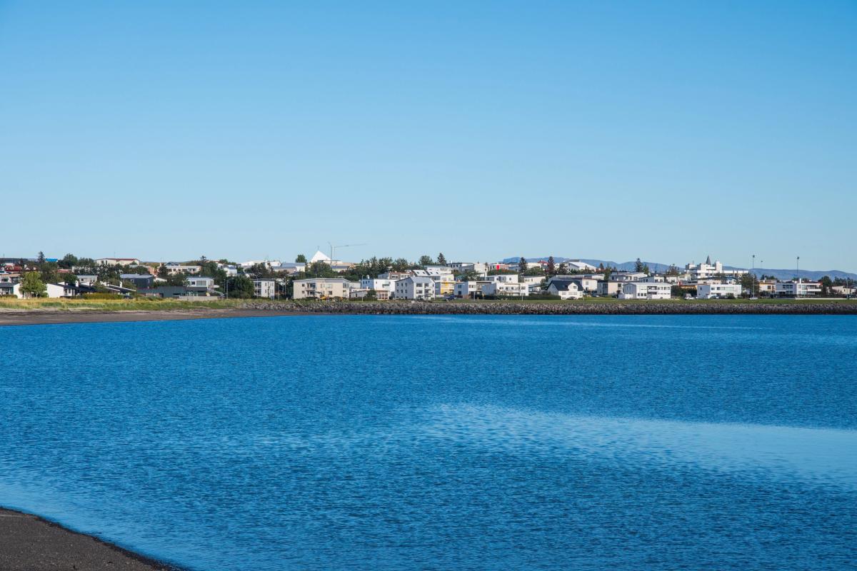 a large body of water with a city in the background .