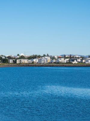 a large body of water with a city in the background .