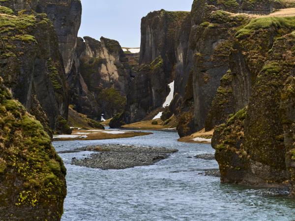 Fjaðrárgljúfur Canyon seen from the river below