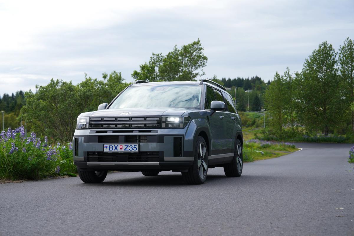 Hyundai Santa Fe SUV rental Iceland on a paved road with trees along the roadside