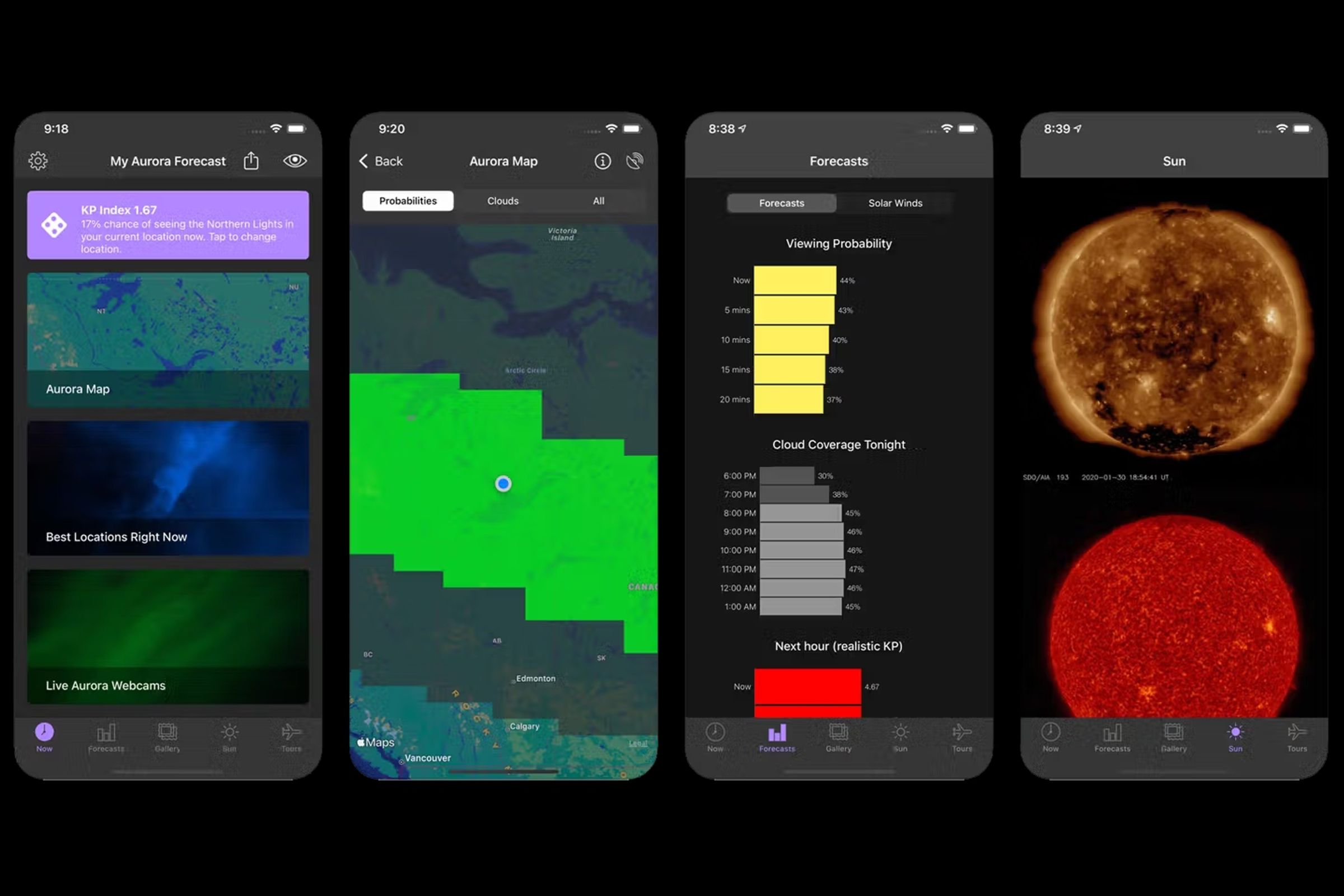 Cuatro pantallas de smartphone que muestran una app de pronóstico de auroras boreales con mapas, probabilidades, previsiones de visibilidad e imágenes del sol.