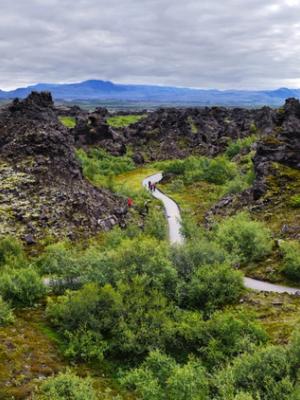 an aerial view of a road surrounded by rocks and trees at Dimmuborgir Lava field in Iceland.