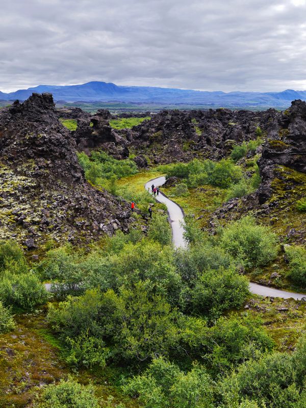 an aerial view of a road surrounded by rocks and trees at Dimmuborgir Lava field in Iceland.
