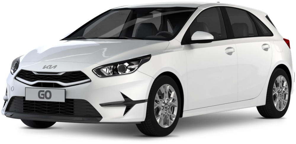 透明背景的白色起亚 Ceed 租赁汽车产品图，可在 Go Car Rental Iceland 预订