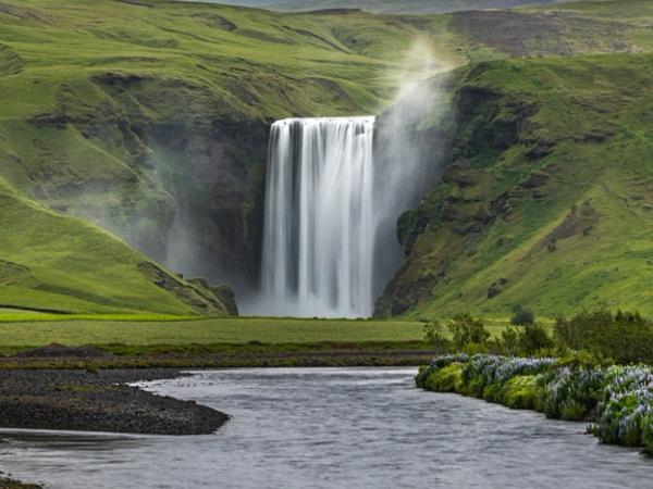 waterfall surrounded by moss covered hills and a river with flowers on its shore