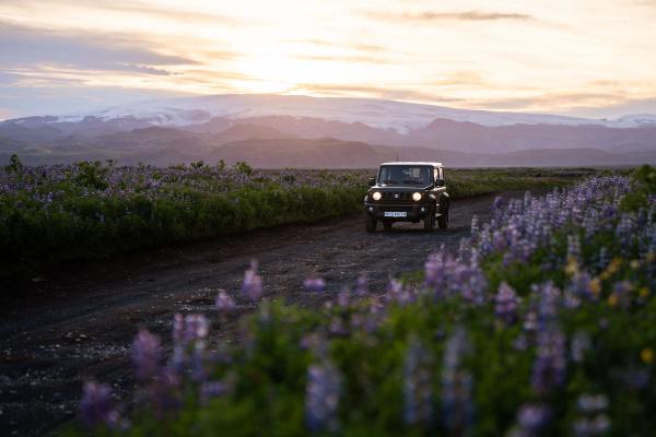Suzuki Jimny The Suzuki Jimny Iceland Rental Car on a road trip near black sand beaches in mid june