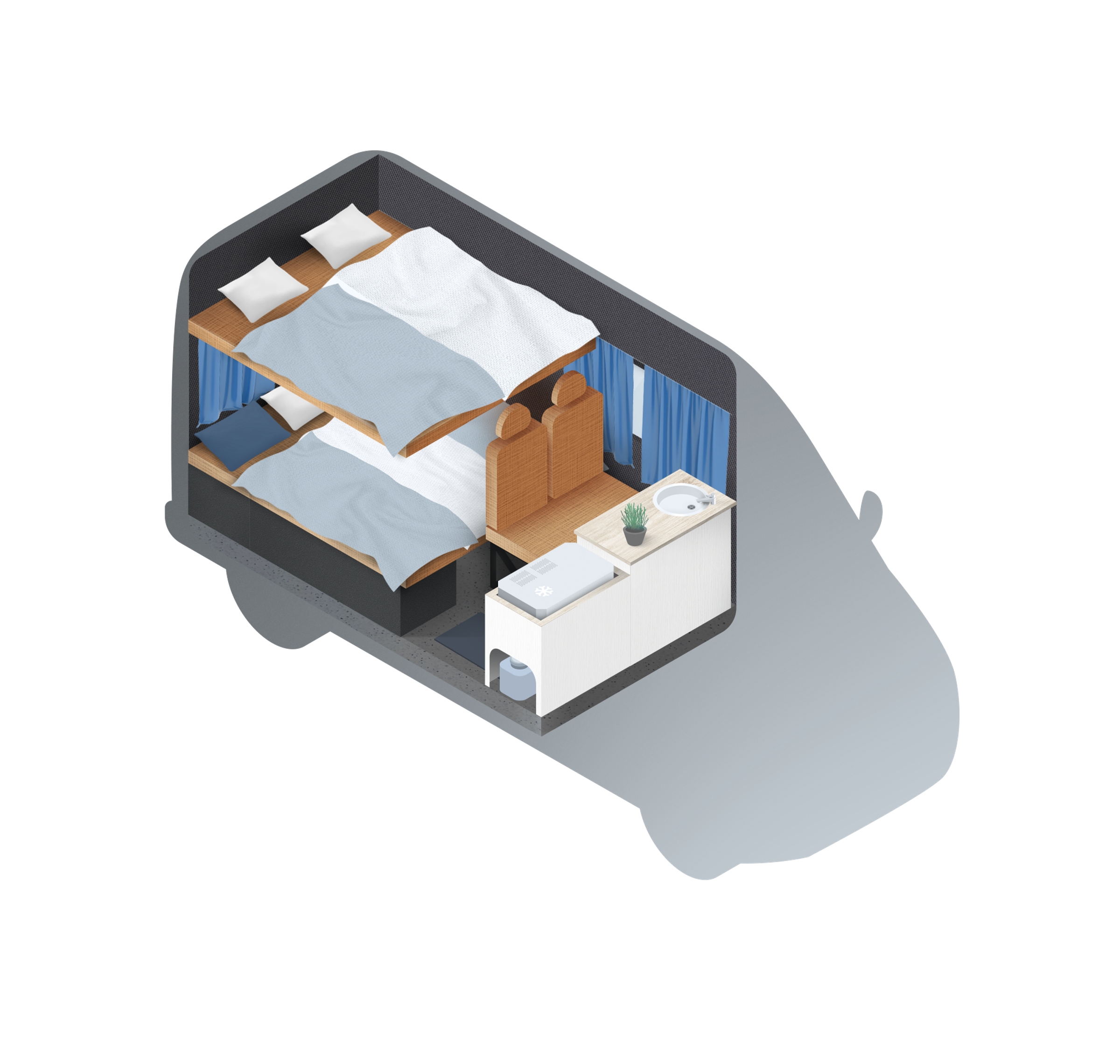 Isometric view of a camper van interior with bunk beds, two seats, and a small kitchen counter.