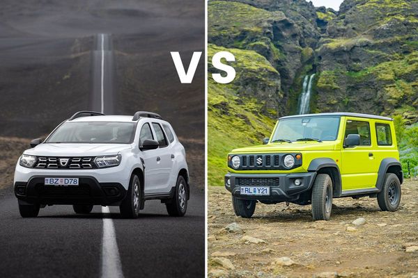 he Dacia Duster and Suzuki Jimny parked side by side, showcasing their distinct off-road capabilities