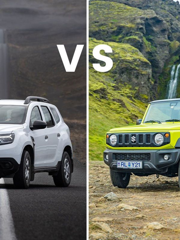 Iceland Rental Cars: Dacia Duster VS Suzuki Jimny he Dacia Duster and Suzuki Jimny parked side by side, showcasing their distinct off-road capabilities