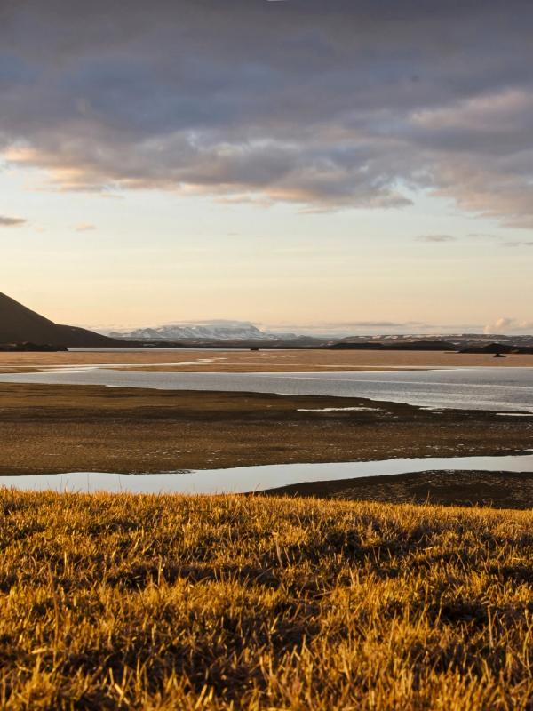 un lago con una montaña al fondo y una colina cubierta de hierba en primer plano.