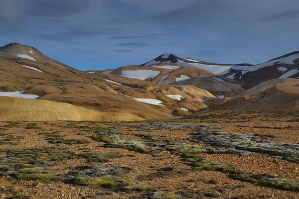 a desert landscape with mountains in the background in iceland.