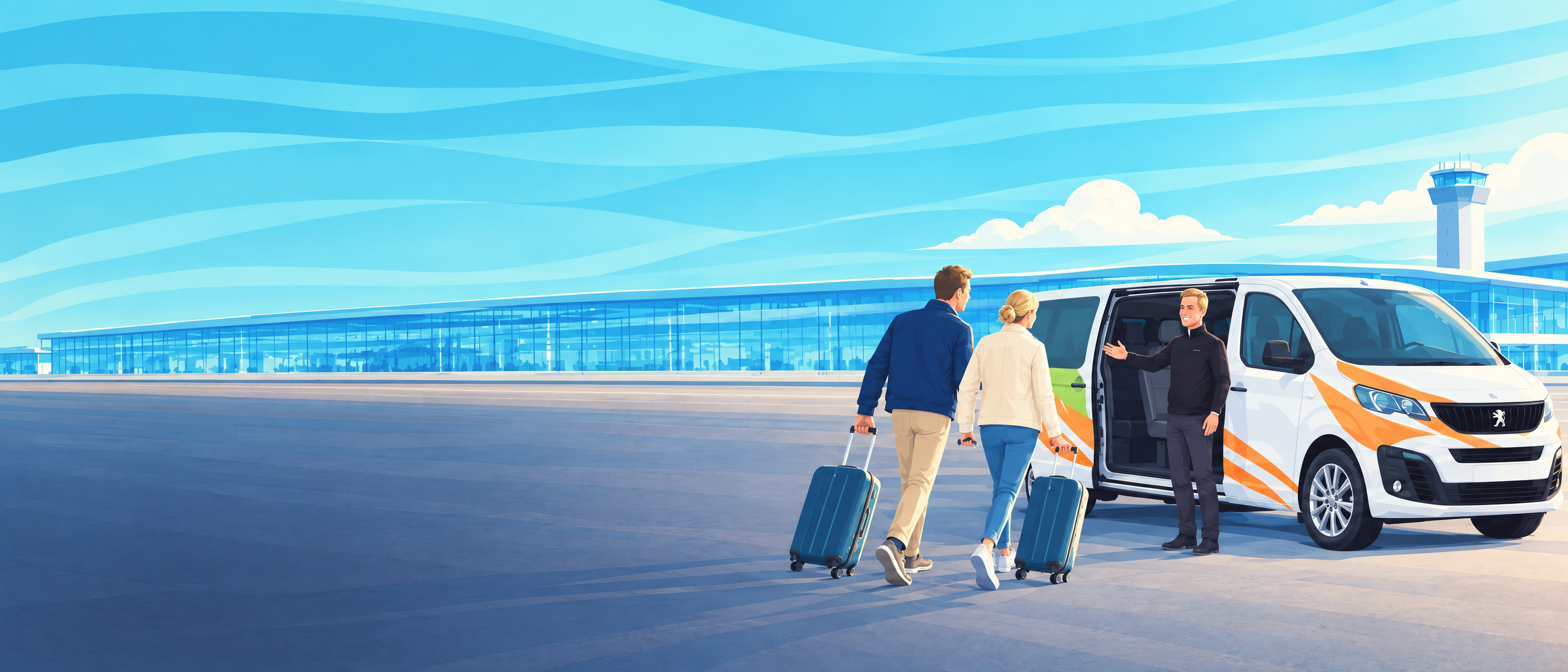 Illustration of a driver welcoming a couple with luggage into a white shuttle van at an airport.