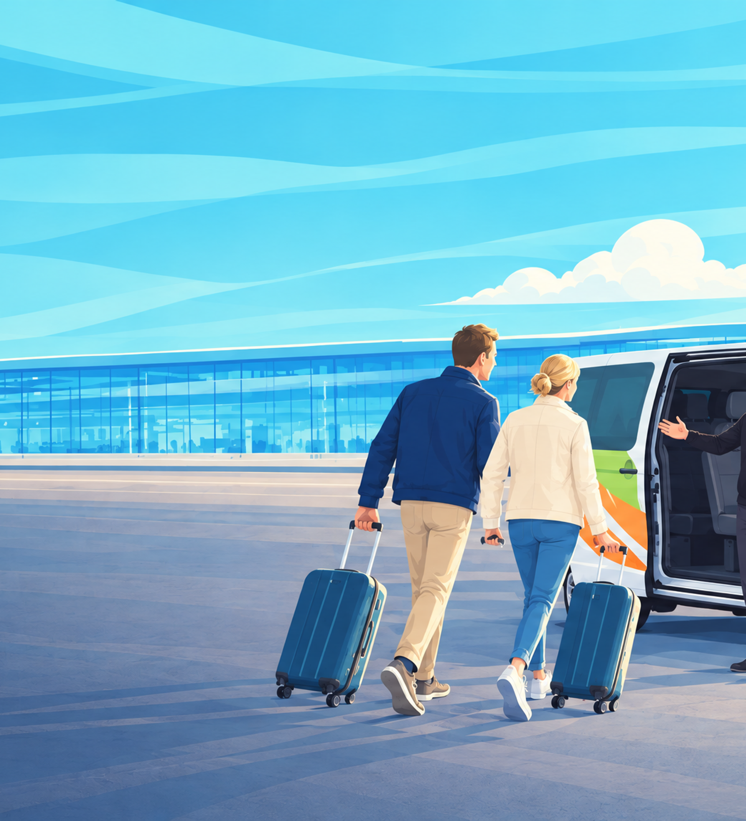 Illustration of a driver welcoming a couple with luggage into a white shuttle van at an airport.