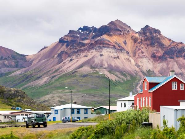 a small village with a red house and a mountain in the background .