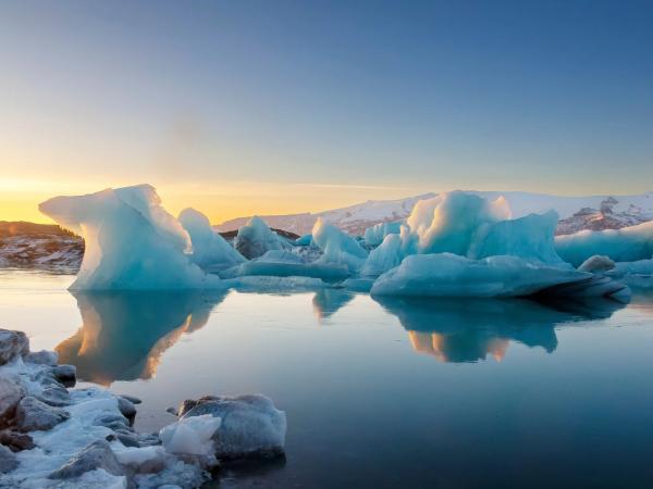 Jökulsárlón glacier lagoon with sunset in the background