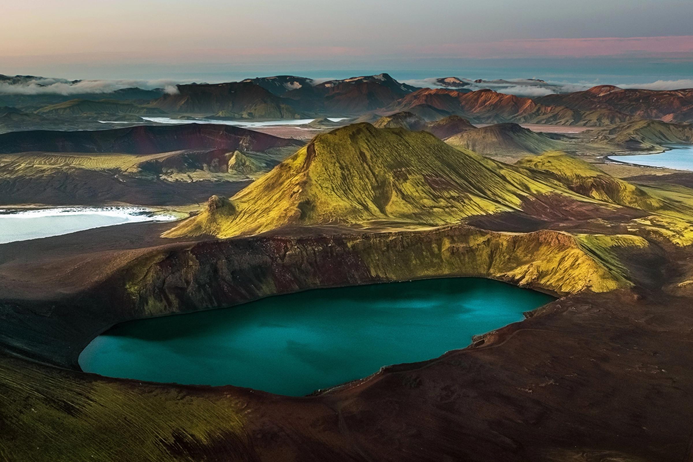 Crater lakes and mountain volcanos in the Highlands of Iceland