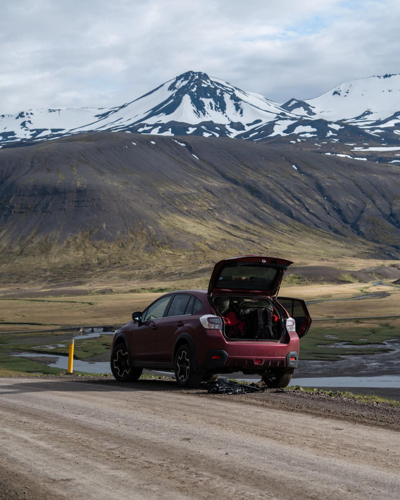 Subaru XV on an F-road in Iceland showing its back trunk space 