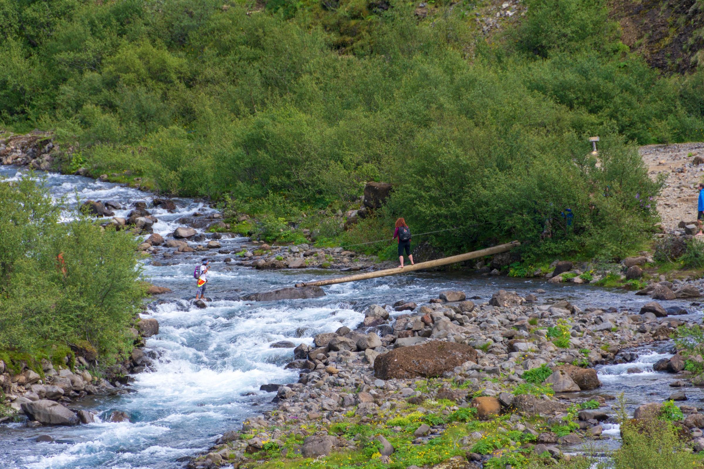 a person is walking across a wooden bridge over a river .