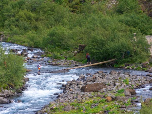 Two people crossing the bridge during the hike to Glymur