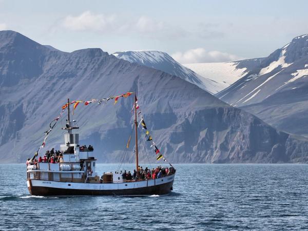 Barco con gente para avistar ballenas en Islandia