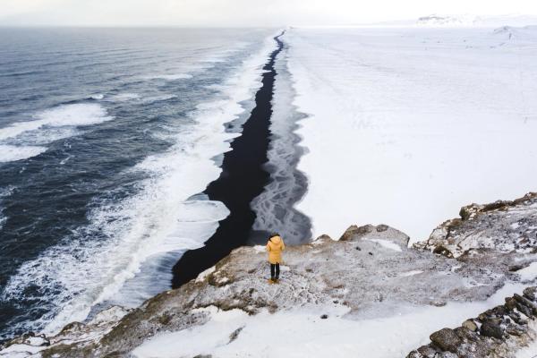 Dyrholaey Dyrholaey black sand beach in the winter time in iceland