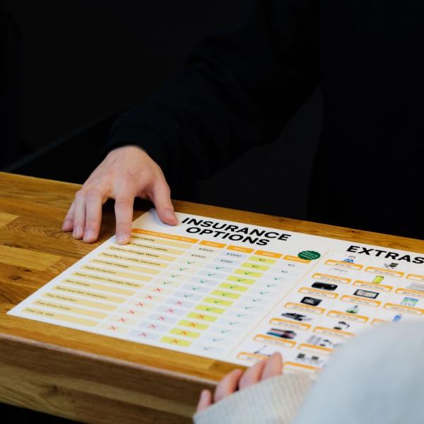 Two people reviewing an insurance options document on a wooden table.