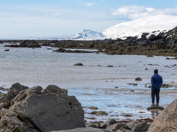 a man is standing on a rocky beach looking at the ocean .
