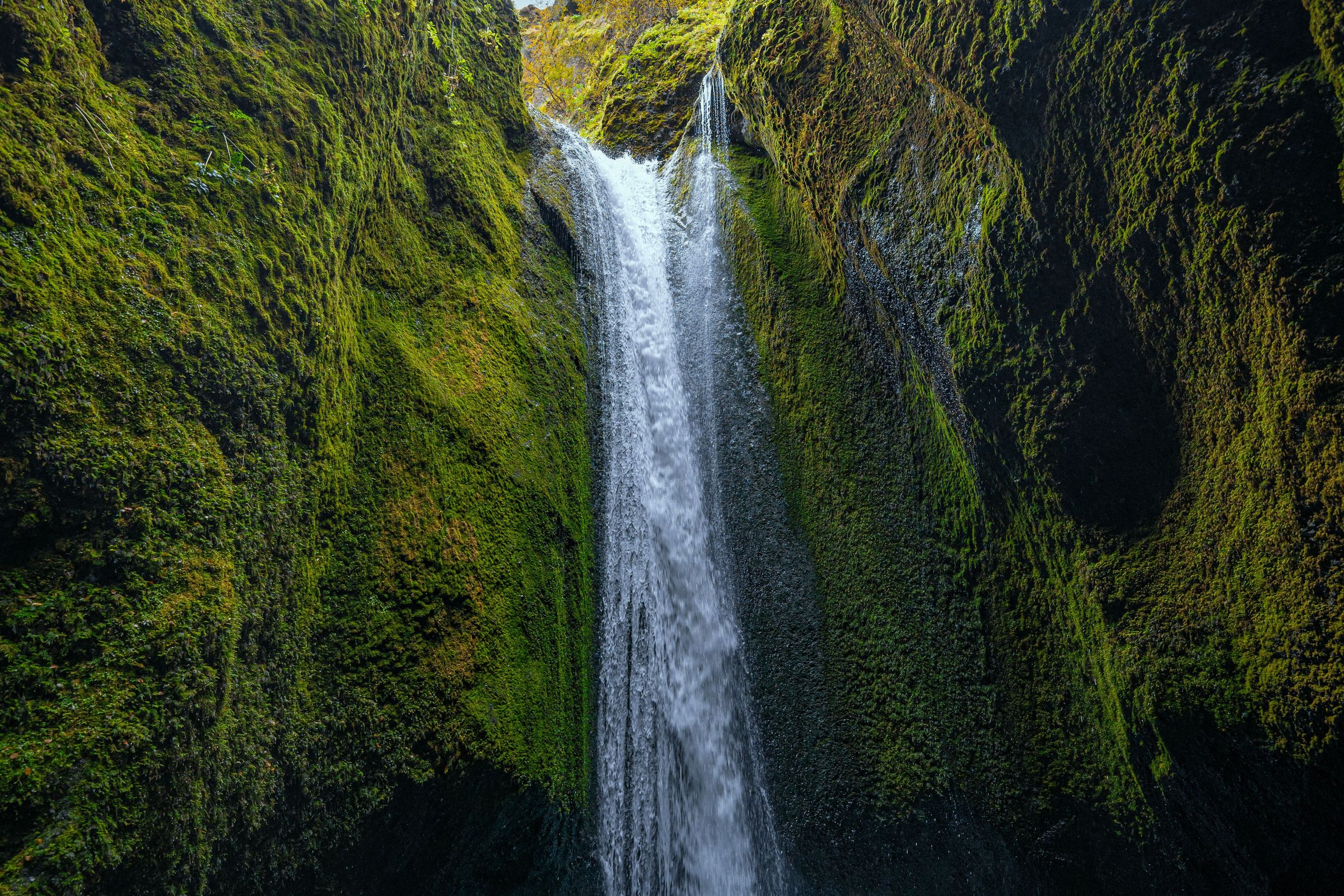 Una cascada cae por un estrecho cañón cubierto de musgo con un cielo azul brillante por encima.