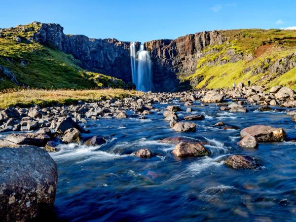 una cascada está rodeada de rocas y hierba en medio de un río .