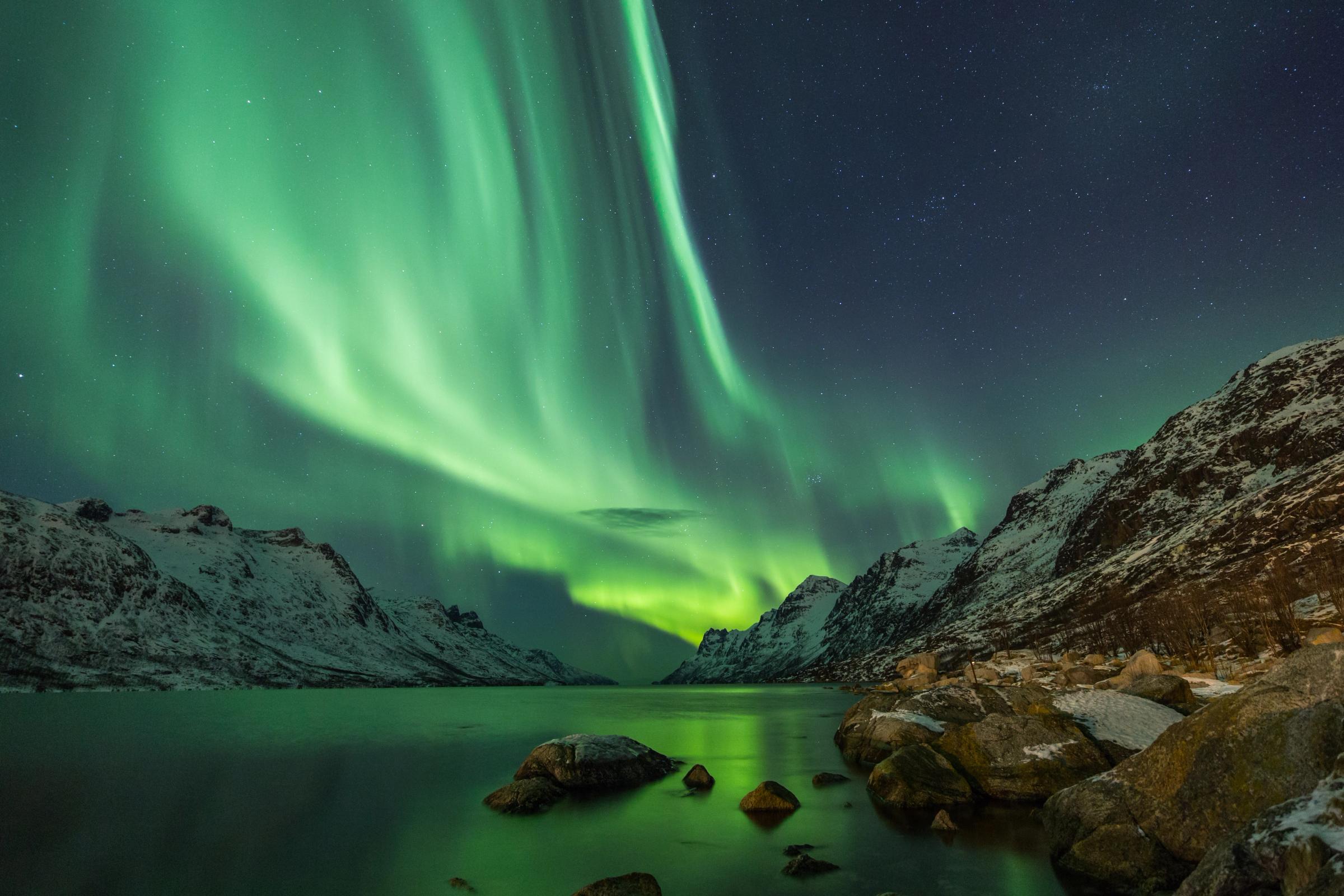 the aurora borealis is dancing over a lake in the mountains .