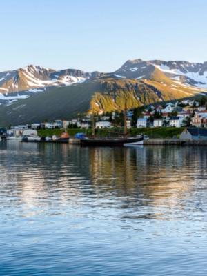 a small town on the shore of a lake with mountains in the background .