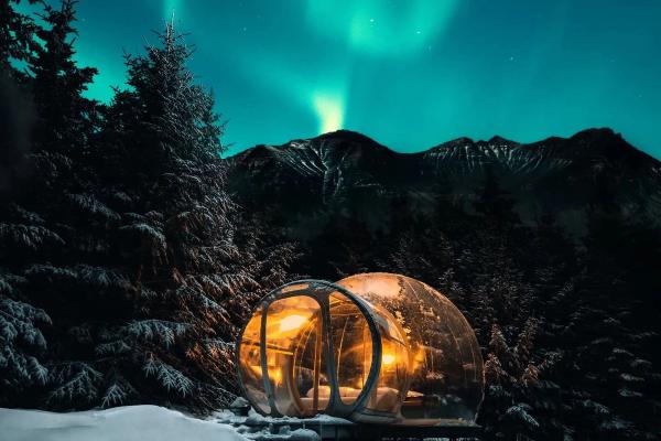 a glass dome in the middle of a snowy forest with the aurora borealis in the background .