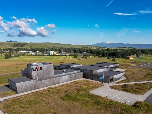 an aerial view of the Lava Center, Iceland