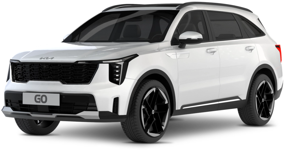 Kia Sorento Vörumynd af hvítum 7 sæta fjórhjóladrifnum Kia Sorento bílaleigubíl á einföldum bakgrunni, sem hægt er að bóka hjá Go Car Rental Iceland