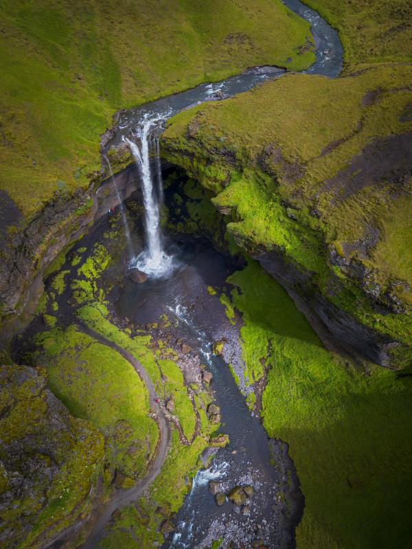 Aerial view of a waterfall plunging into a vibrant green, mossy canyon with a winding river and path below.
