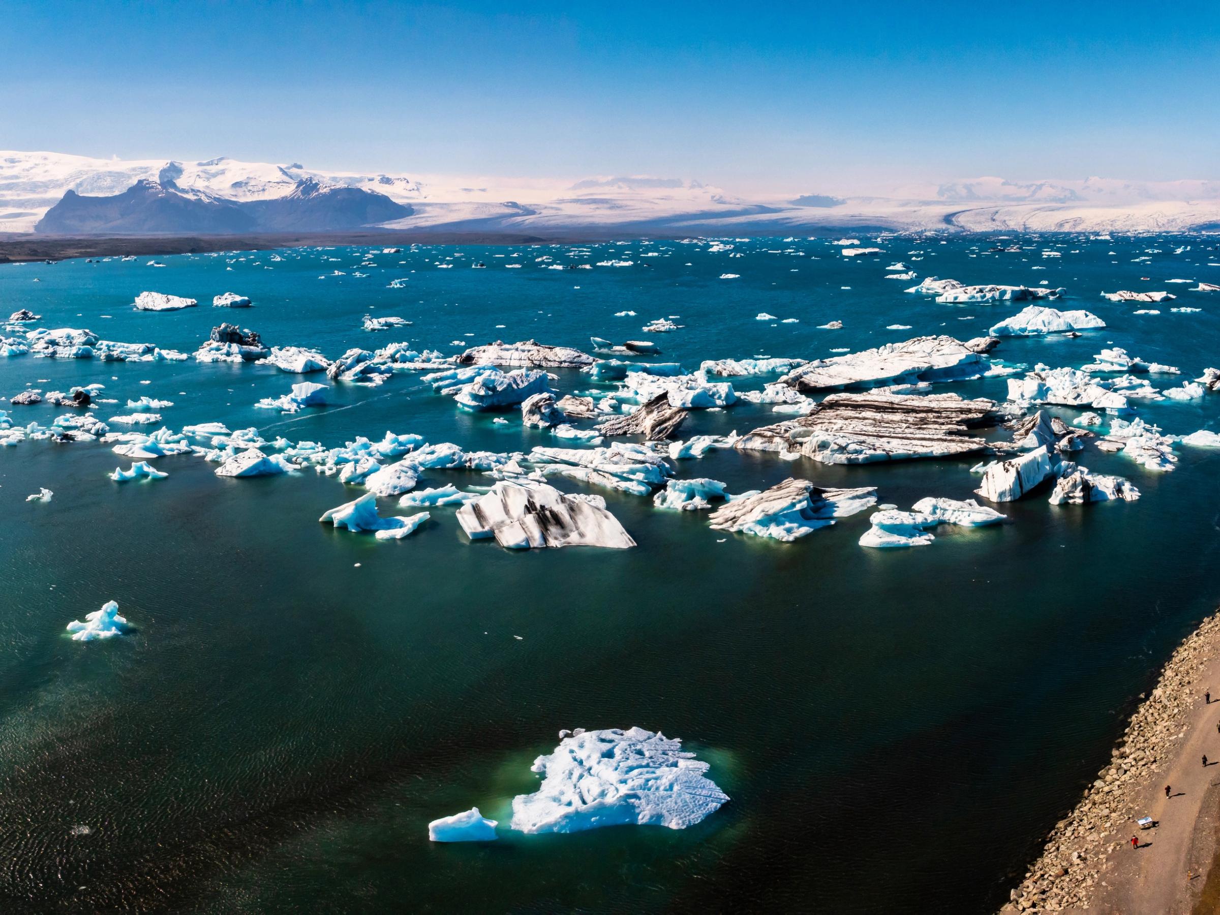 Laguna glaciar con un montón de icebergs flotando en ella