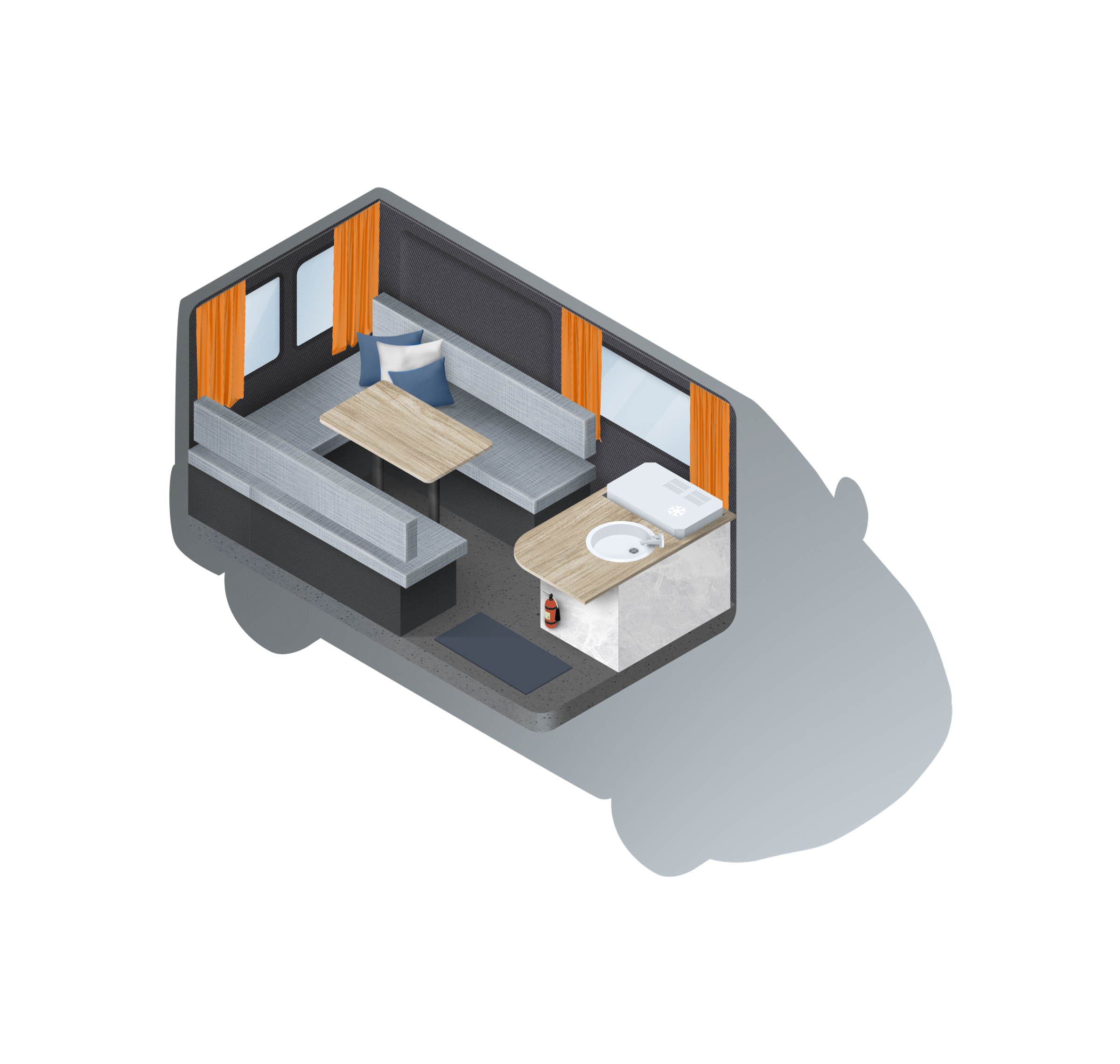 an isometric drawing of a camper with a couch a table and a sink