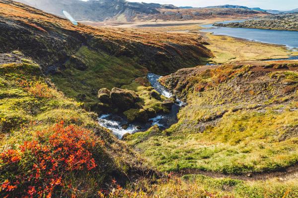Stream flowing through a valley with colorful autumn foliage, a lake and mountains in the background.