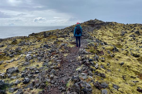 woman walking on a path between a moss covered field