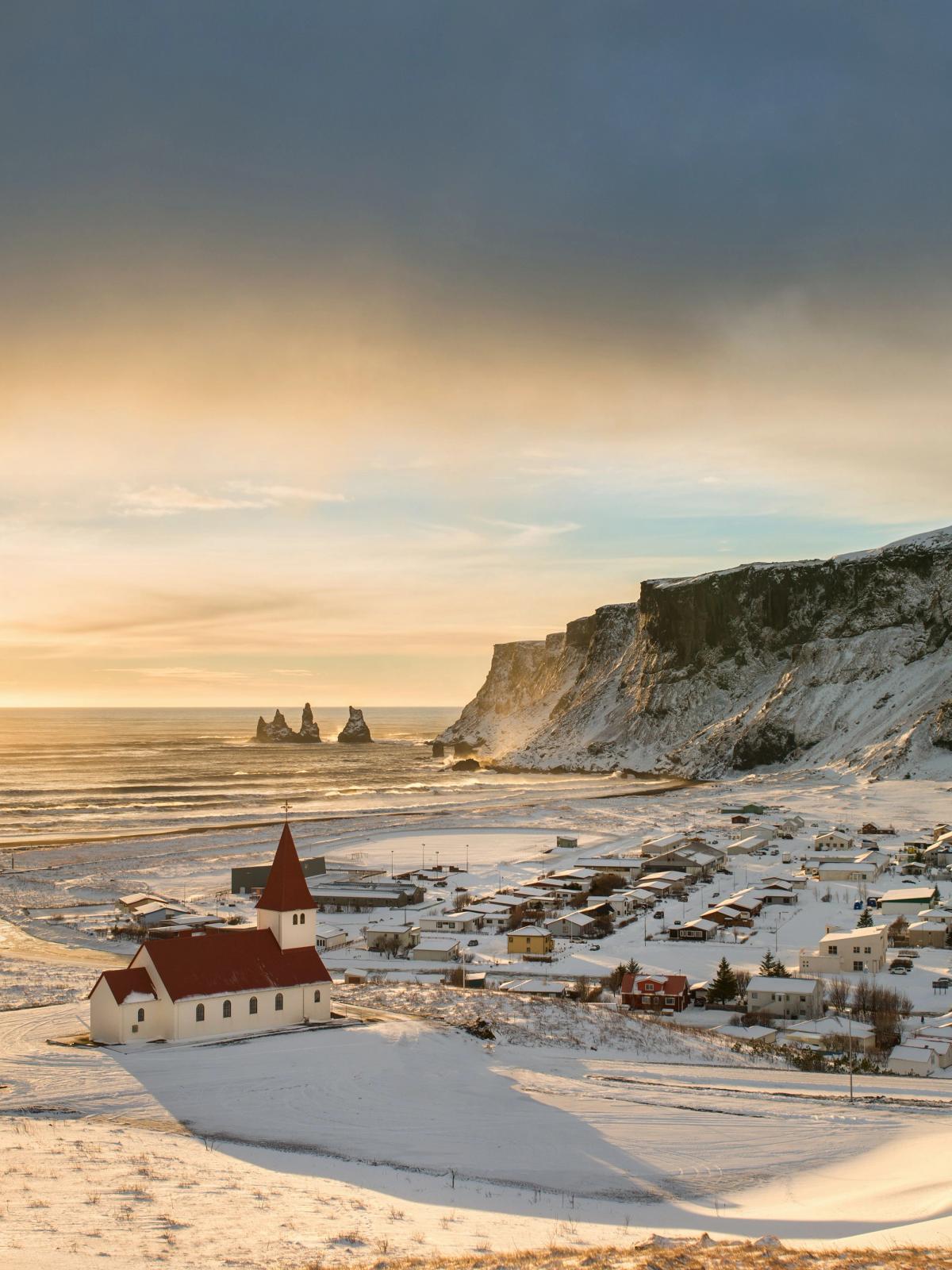 Panoramic of Vik full of snow