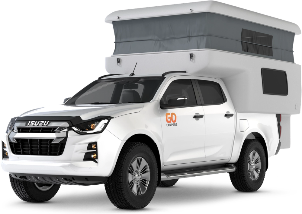 Go 4x4 PRO A White 2-person Go Campers 4x4 top-tent campervan on a transparent background for rent in Iceland