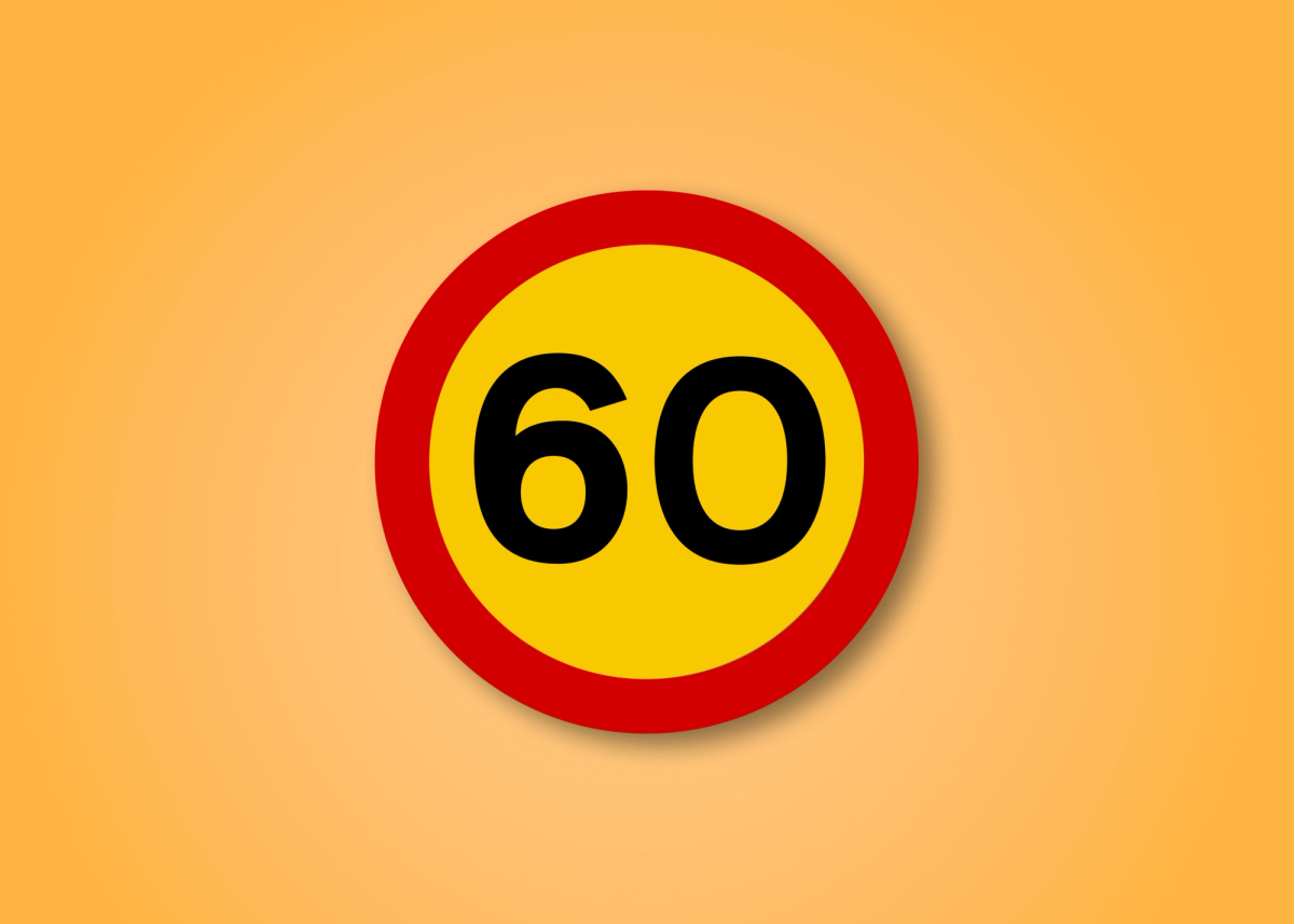 a yellow and red sign with the number 60 on it