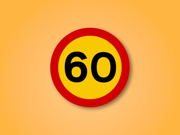 a yellow and red sign with the number 60 on it