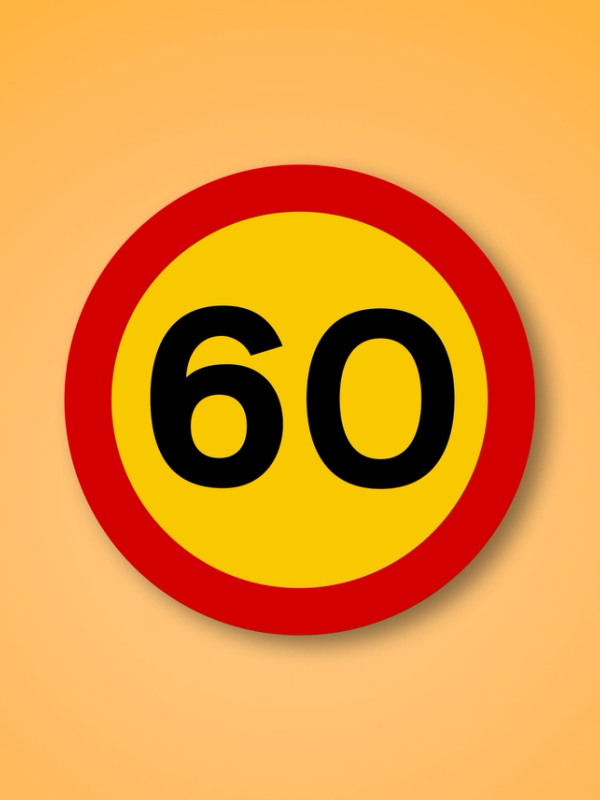 a yellow and red sign with the number 60 on it