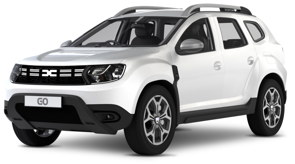 White Dacia Duster rental car product photo on a transparent background, available to book at Go Car Rental Iceland