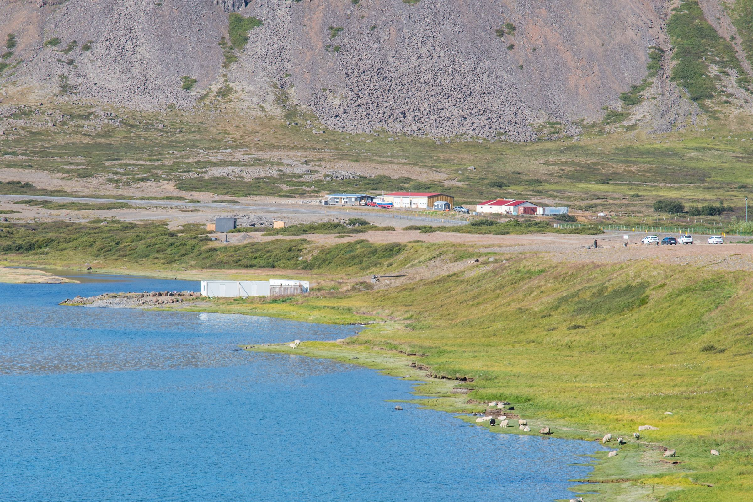 A landscape featuring a blue lake, a green shore with sheep, distant buildings, and a large rocky cliff under a clear sky.