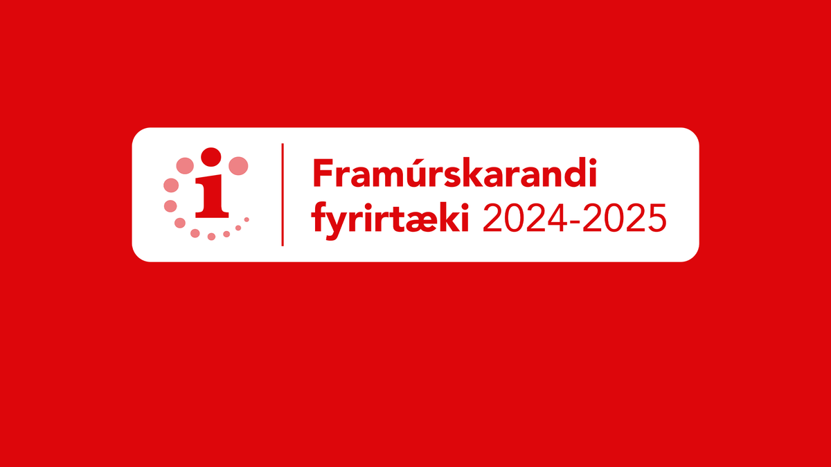 Red and white badge with an "i" icon and text "Framúrskarandi fyrirtæki 2024-2025" on a red background.