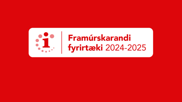 Red and white badge with an "i" icon and text "Framúrskarandi fyrirtæki 2024-2025" on a red background.