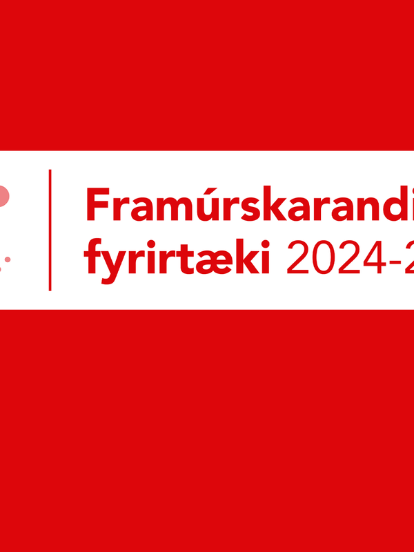 Red and white badge with an "i" icon and text "Framúrskarandi fyrirtæki 2024-2025" on a red background.