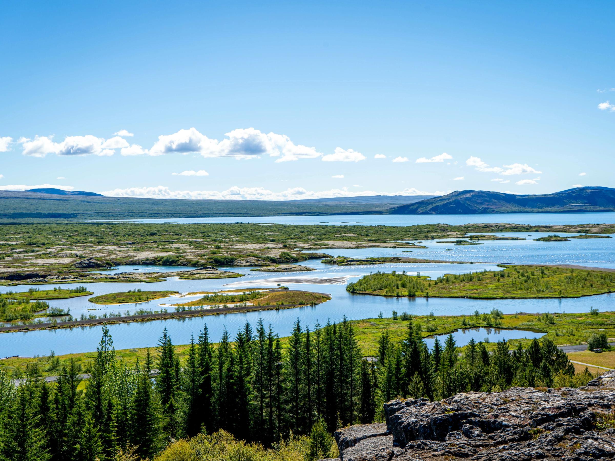 a large body of water surrounded by trees and mountains .